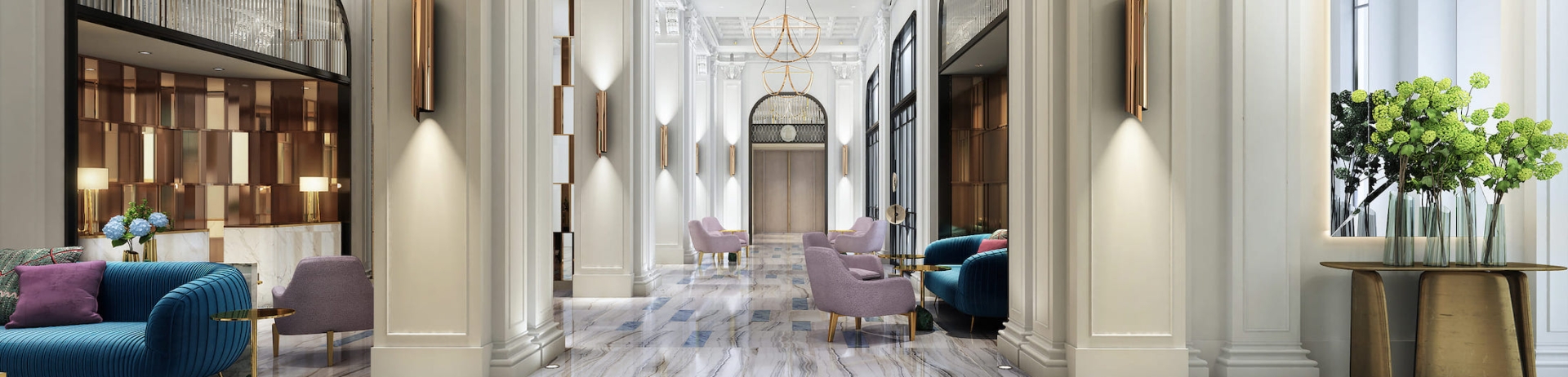 The opulent main lobby at Fairmont Breakers in Long Beach, CA.