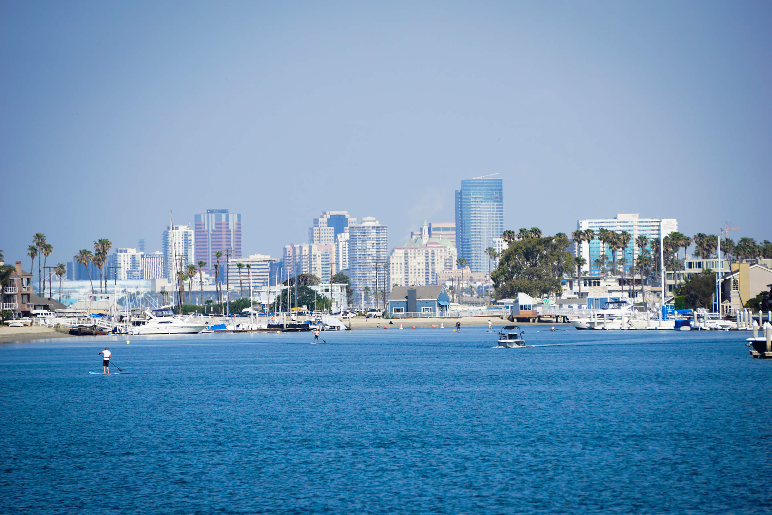Calm blue water with a few paddle boarders on a sunny day, the Alamitos Beach skyline of skyscrapers in the background.