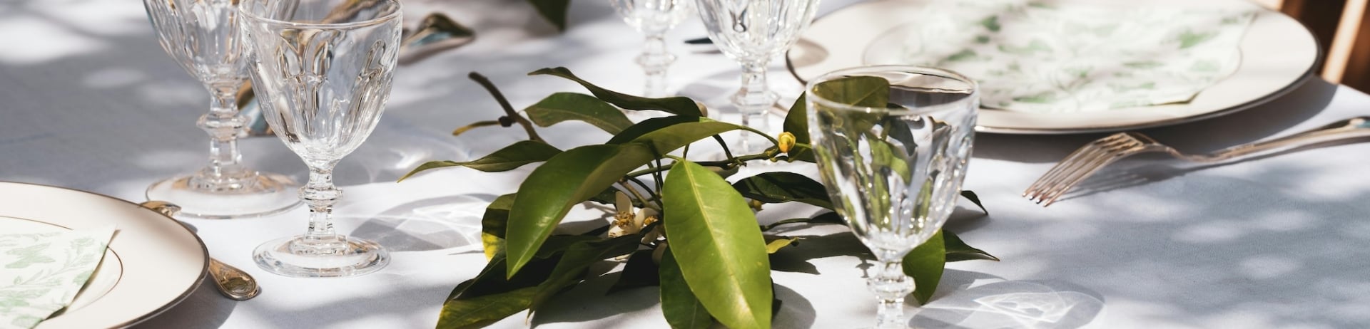 A simple table setting of white dishes, crystal glasses, decorated with lemons and lemon tree branches.