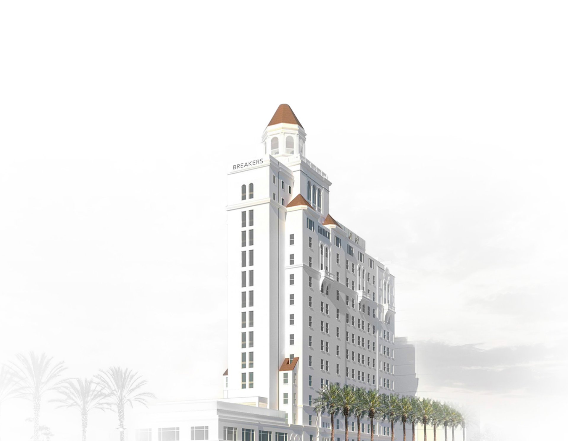Rendering of the exterior of Fairmont Breakers Hotel in Long Beach, CA.
