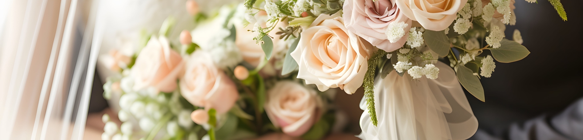 Bride and groom wedding couple with a bouquet of light rose and white color flowers