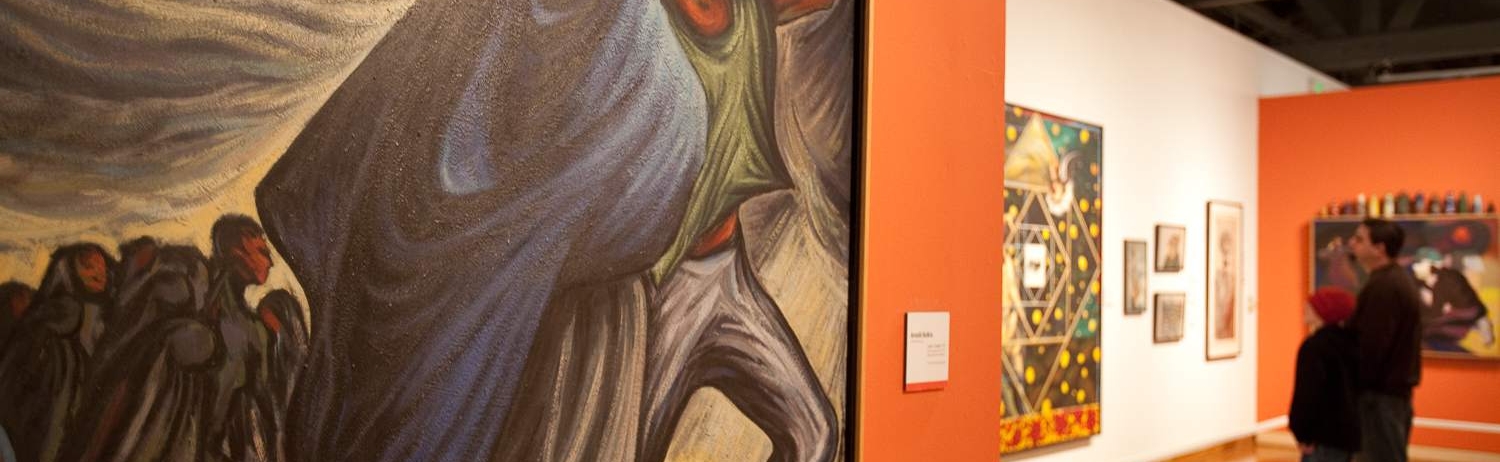 A painting in an art gallery, two people are admiring another painting in the background.