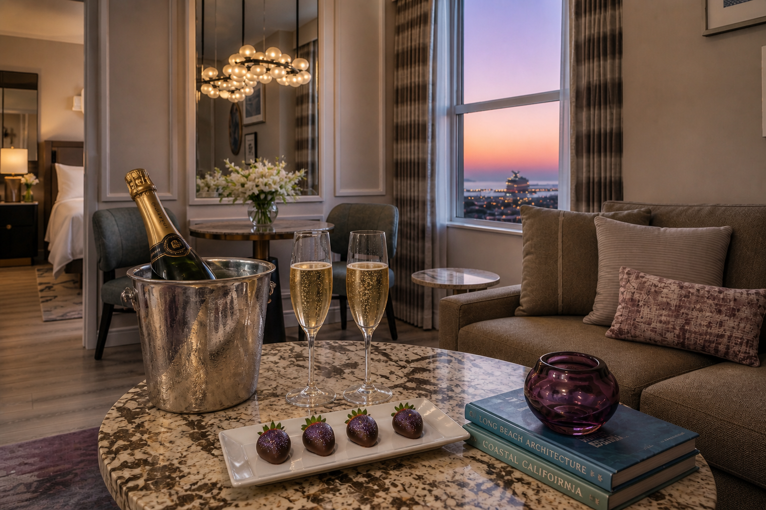 Chocolate covered strawberries in a beautiful suite in Long beach california